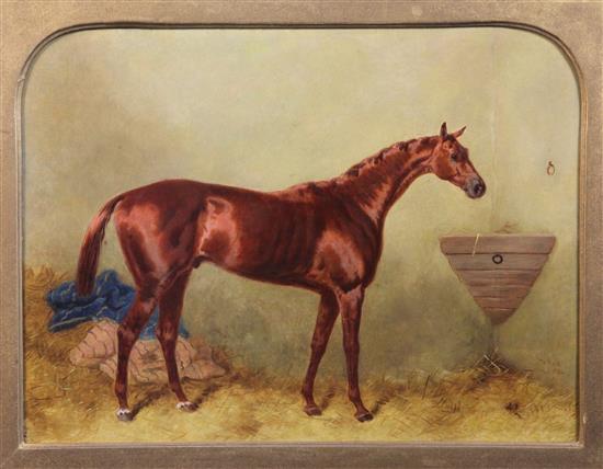 Harry Hall (1814-1882) Portrait of a chestnut racehorse in a stable 15 x 20in.